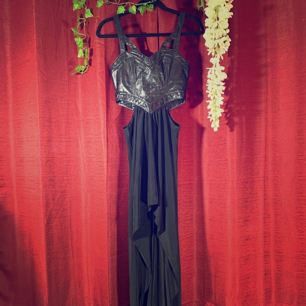 Nasty Gal black leather corset top hi low dress